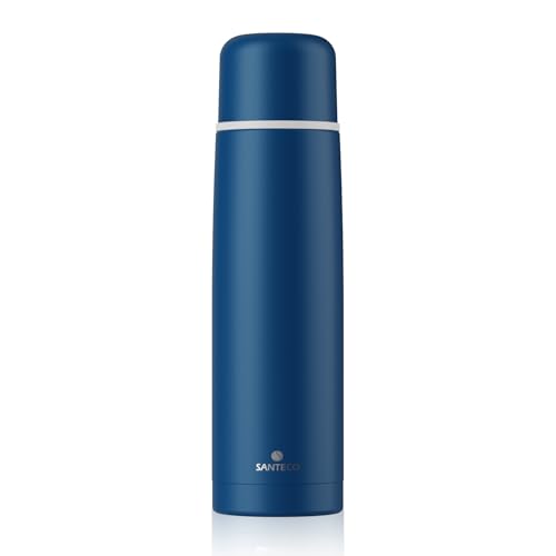 SANTECO Edelstahl-Thermoskanne 1 l, doppelwandige, vakuumisolierte Wasserflasche, Kaffee-Thermoskanne für heiße und kalte Getränke, 1000 ml, auslaufsicher, BPA-frei, Deckel als Becher