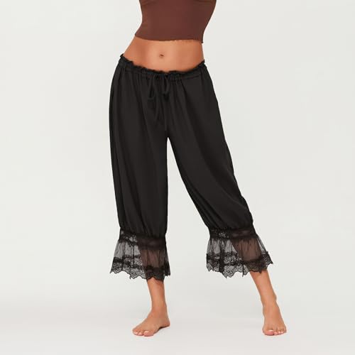 Image of KOSUSANILL Women Long Bloomer Pants Lace Trim Ruffle Pantaloons Cropped Lounge Pajama Bottoms Y2K Capri Pettipants