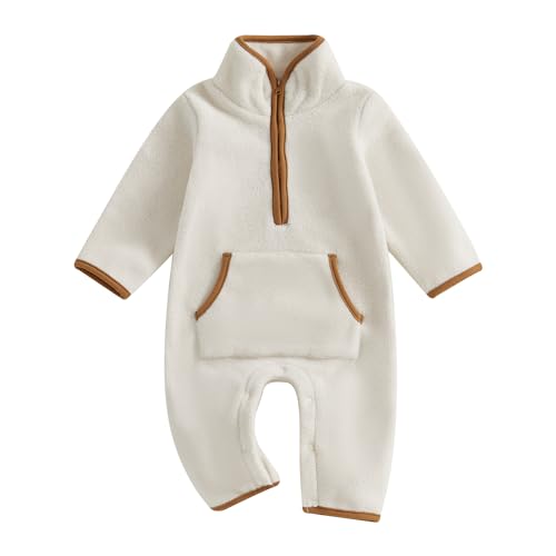 Image of BemeyourBBs Newborn Baby Boy Girl Winter Clothes Warm Zipper Fleece Romper with Pockets Long Sleeve Jumpsuit One Piece Outfit