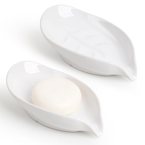 Soap Dish 2PCS, Self-Draining Bar Soap Holder, Leaf Shape Ceramic Drain Soap Dishes for Bathroom Kitchen, Easy to Clean Keeps Soap Dry, White, ANTIS'S HOME White-2pcs-enhanced Draining