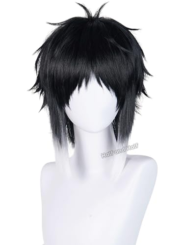 Image of Akutagawa Cosplay Wig Short Men's Black and White Anime Wig Black Male Cosplay Wig with Bangs for Women Halloween Party Costume