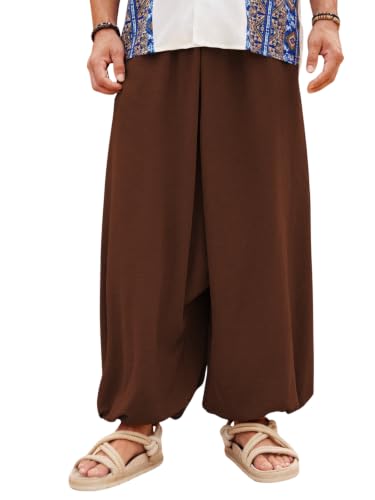 Image of Leriya Fashion Men's Boho Hippie Harem Pants | Black Printed Wide-Leg Trousers | Koren Streetwear Loose Baggy Fit Summer Lounge Yoga Lowers | Men's Solid Cowl Dhoti Pants | Relaxed Fit Draped Harem