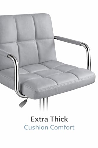 Image of NGFC Adjustable Bar Stool, Grey Leather Office Chair with Chrome Base, Quilted Cushion, Swivel Desk Chair with Armrests