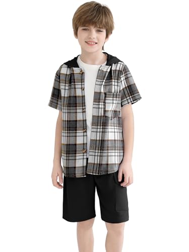 Image of Boys Clothes Shorts Sets Plaid Short Sleeve Hooded Button Shirt and Jogger Shorts for Kids Summer Outfits