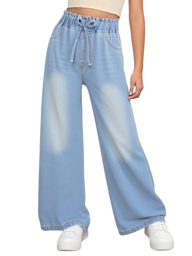 SOLY HUX Mädchen Jeans Hose Weite Denimhose Teenager Vintage Jeanshose Hohe Gummizug Jeans Hosen Leicht Streetwear für 13-16 Jahre Hellblau 16 Jahre