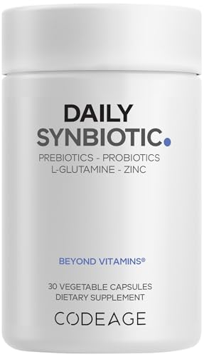 Codeage Daily Synbiotic Supplement - Prebiotics, Lactobacillus & Bifidobacterium Probiotics, L-Glutamine, Zinc L-Carnosine, DGL, Synbiotic Probiotic, BioPerine - Shelf-Stable - 30 Capsules