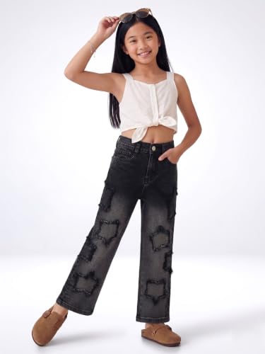 Image of Amazon Brand - Jam & Honey Girls Cotton Rich Lightweight Breathable Mid Rise Jeans | Stylish Star Design | Regular Fit | Age 2-13 Years