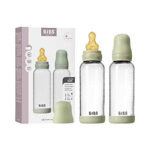 BIBS Baby Glass Bottle 2-Pack 240ml. Anti-Colic. Vented Round Natural Rubber Latex Nipple. Supports Natural Breastfeeding, Complete Set - 240 ml (Pack of 2), Sage