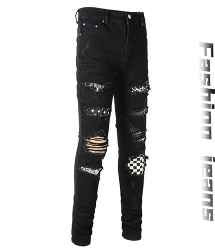 Jeans Pants Trousers Denim Men Trendy Street Stretch Slim Fit Wrinkle Contrasting Color Personalized Piercing Casual Small Foot(Black,29)3