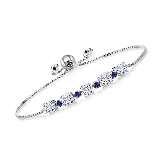 925 Sterling Silver Gemstone Birthstone and Blue Created Sapphire Tennis Bracelet for Women | Round 5MM and 2.5MM | Adjustable Bolo Design | Easy-On Easy-Off | Fully Adjustable Up to 9 Inch