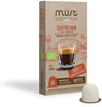 MUST 10 Coffee Capsules Supremo Organic Blend Single Origin, Pack of 10 Compostable Capsules Compatible with Nespresso Machine, Recyclable, Made in Italy