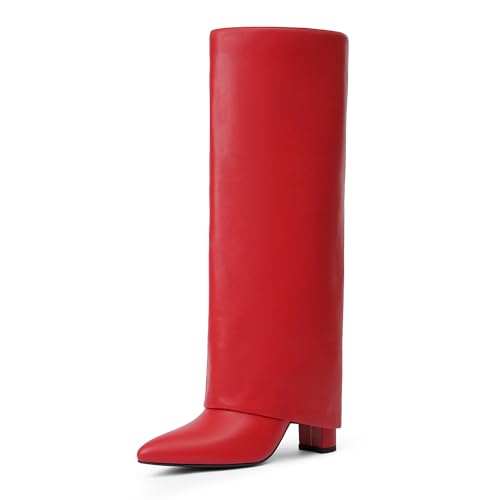Modatope Knee High Boots Women Fold Over Knee High Boots Chunky High Heels Long Boots Zipper Pointed Toe Dress Tall Boots for...