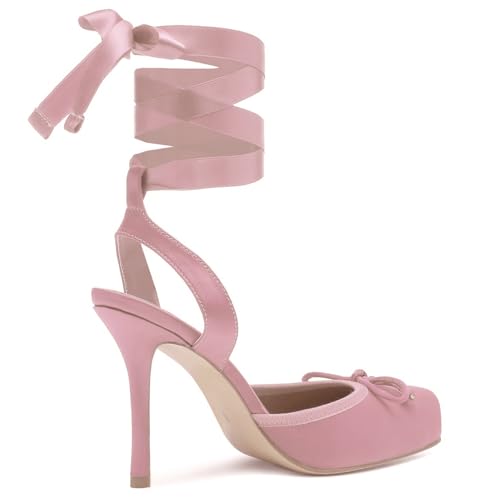 Meefit Satin Ballet Shoes Stiletto High Heels Closed Square Toe Ballerian Pumps with Bow Tie Lace Up Spring Heels4