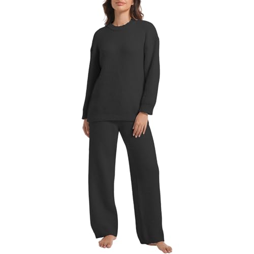 Image of BOSECETA 2 Piece Fleece Pajamas for Women Set Loungewear Outfits Knit Sweater Womens Long Sleeve Fuzzy Pajama Sets