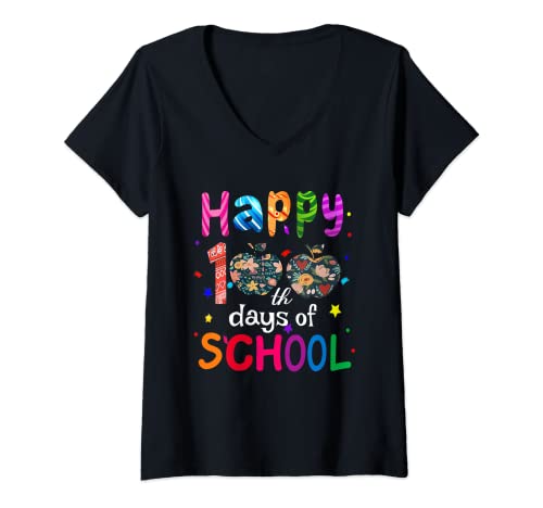 Femme Happy 100th Day Of School Teacher or Child t T-Shirt avec Col en V