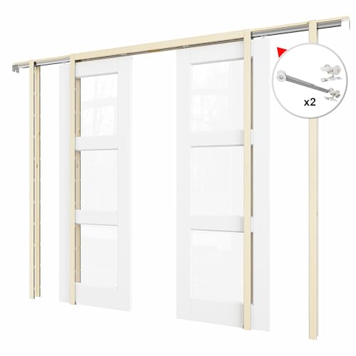 Image of 60 inch x 80 inch (Double 30 inch x 80 inch) 3-Lite Clear Glass Pocket Door, Soft-Close Sliding Pocket Door with Frame & Hardware Kit Set, Primed All-Inclusive Interior Door Slab for Home, White, Need to Assemble