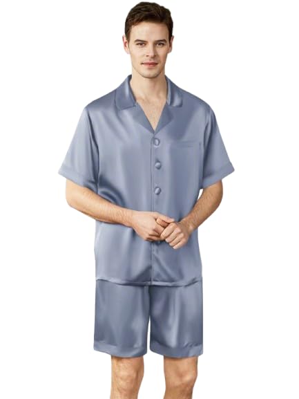 bellababebysk Men Light Blue Half Sleeve Satin Night Suit with Shorts-picture-56