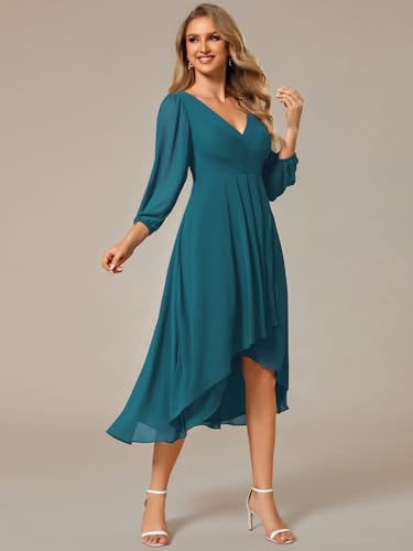 Image of Ever-Pretty Women's Chiffon V Neck Long Sleeves A-Line Midi Length Wedding Guest Dress Cocktail Party Formal Dresses 01926