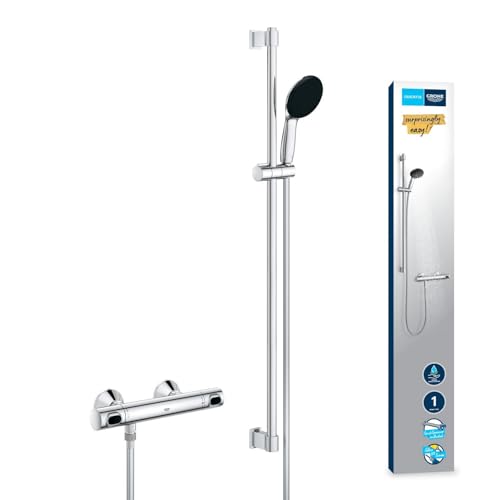 GROHE Precision Flow Mitigeur Thermostatique Douche, Ensemble de Douche 1 jet avec barre 90cm, Economie d'eau, A coller avec GROHE QuickGlue ou à visser, Chromé, 34805001