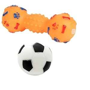 Squeaky Rubber Dog Toy Combo of 2 – Black & White Football + Black & White Dumbbell