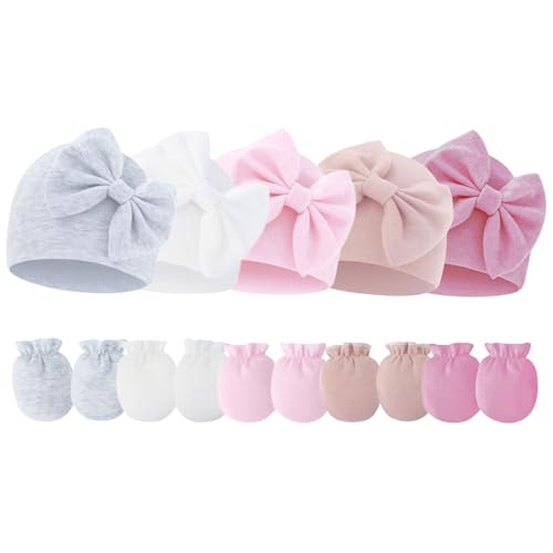 Image of Fecawd Newborn Baby Hats Mittens Sets Bow Infant Caps Gloves No Scratch Mitten Beanie Set for 0-6 Months Girls