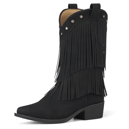 Rollda Girls Cowboy Boots with Tassel, Fringe Cowgirl Boots, Snip Toe, TPR Outsole, Kids Western Boots Stylish & Comfortable for All-Seasons, Toddler/Little Kid/Big Kid
