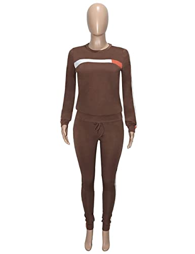 Kansoon Women Stripe Patchwork Two Piece Tracksuit Round Neck Pullover And Skinny Long Pants Brown S #TOP3