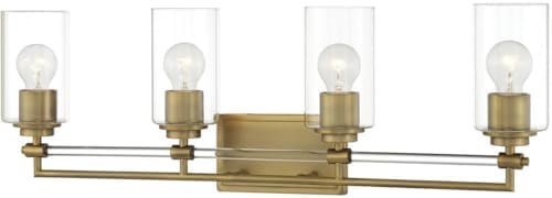 Minka Lavery 2644-575 Binsly Rectangular Plate with Clear Glass Cylinder Bath Vanity Wall Light, 4-Light 240 Total Watts, 10" H x 32" W, Aged Brass