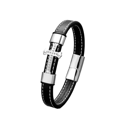 EJARY Leather Cross Bracelet for Men Religious Christian Cuff Bracelets for Confirmation Baptism Christmas, Style 03-Silver