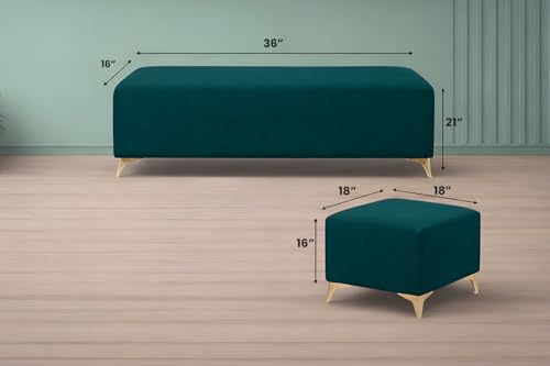 Image of Adorn India Premium Luster 8 Seater L Shape Sofa Set with 2 Puffy & 1 Center Table | Velvet Suede Fabric | 3-Year Warranty | LHS | Ocean Blue with Golden Legs & Striped Pattern Cushion