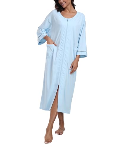CF Women's 100% Cotton Zipper Robes 3/4 Sleeve House Coat Zip Up Housecoat Warm Full Length Loungewear with Pockets(Light Blue,XL)