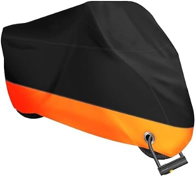 XYZCTEM Motorcycle Cover All Season Waterproof Sun-Proof Outdoor | Fits up to 116 Motorcycle Covers, Fits for Harley Davidson, Honda, Suzuki, Kawasaki, Yamaha, with Lock Hole, Black&Orange