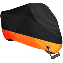 XYZCTEM Motorcycle Cover All Season Waterproof Sun-Proof Outdoor | Fits up to 116'' Motorcycle Covers, Fits for Harley Davidson, Honda, Suzuki, Kawasaki, Yamaha, with Lock Hole, Black&amp;Orange