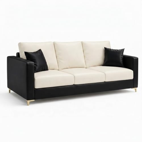 Image of Hayes Dual Tone Premium Leatherette 3 Seater Sofa | Golden Aesthetic Legs | Spacious Soft Touch Comfort Seating | Modern Sofa for Living Room (Black & Cream)
