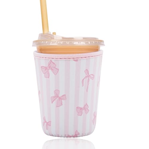Image of Reusable Insulated Sleeve for Iced Coffee Cup, Coffee Neoprene Sleeve for Cold & Hot Drinks, Beverage Holder for Iced Coffee (Pink Stripe Bows, Small: 16-18oz)