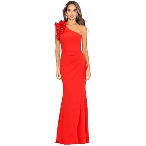 Xscape Women's Long Sleeveless One Shoulder Ruffle Scuba Crepe Dress, Red, 12 Cover