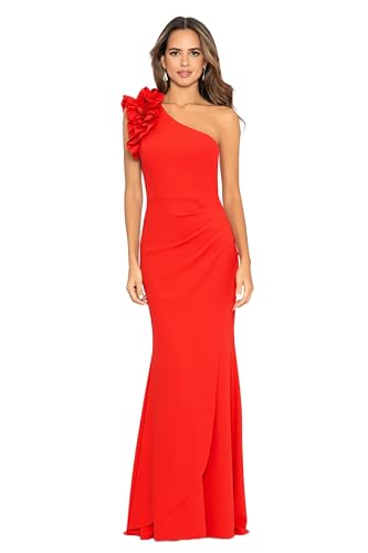 Image of Xscape Women's Xscape Women's One-Shoulder, Floor-Length, Scuba Crepe Dress with Ruffle Detail (Reg and Petite)