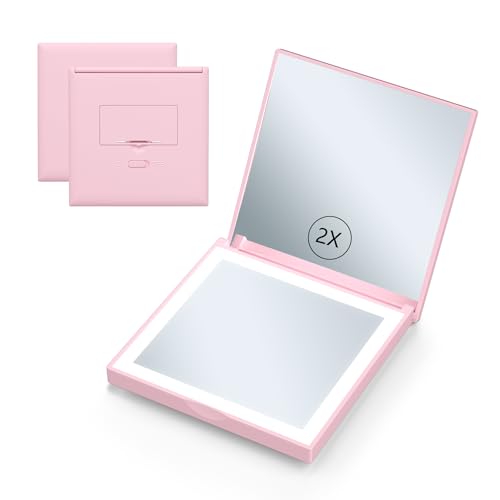 suonee Compact LED Mirror Magnifying Travel Makeup-Mirror - 3.8 inches 1X/3X Magnification Small Hand Pocket Dimmable Double Sided USB Rechargeable Touch Screen, Portable Tabletop Cosmetic