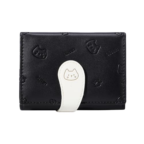 Sunwel Fashion Girls Wallets Kitten Embossed Cute Wallet with Cat Print Small Wallet with ID Credit Card Slots for Women (BLACK)