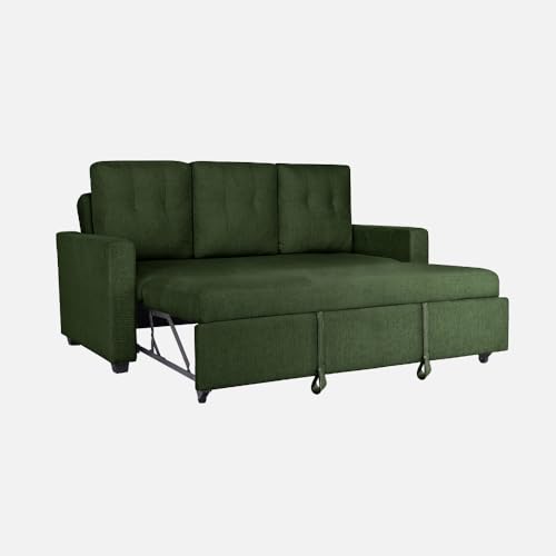 Image of Duroflex Ease - Wood 3 Seater Sofa Cum Bed with Pullout Mechanism, Sap Green Finish, 3-Person Sofa