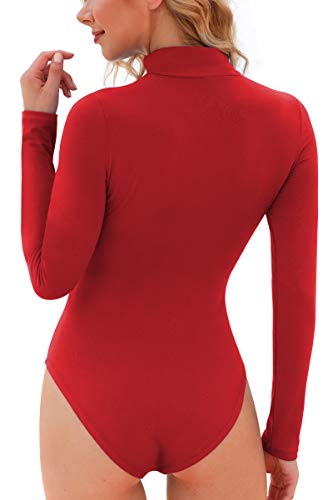 LAOLASI Women's Mock Turtle Neck Long Sleeve Slim Fit Casual Sexy Basic Bodysuit Daily Jumpsuit Shirts, 04-Red, Medium