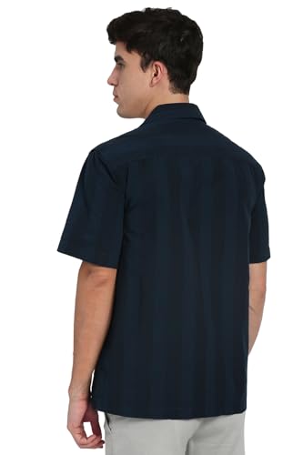 Image of Peter England Men's Casual Half Sleeve Resort Collar Shirt in 100% Cotton Seersucker with Striped Design