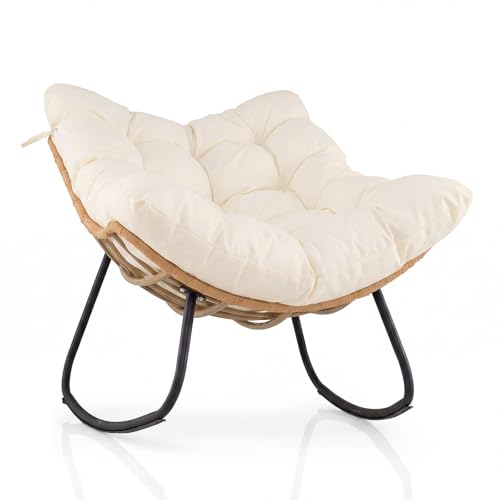 COSTWAY Fauteuil à Bascule Exterieur Interieur XXL, Fauteuil de Jardin en Rotin PE Tressé, Cadre en Métal, Coussin Épais Amovible, Rocking Chair pour...