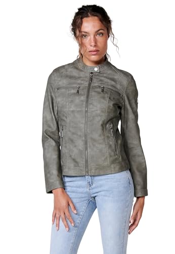 Koroshi Chaqueta Cazadora efecto piel lavada estilo motera ajustada con manga larga de cuello mao y cierre botón a presión con forro ligero interior y placa metálica con logo color Gris para