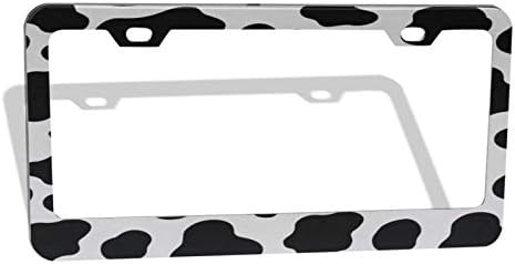 Newest Customized Decorative License Plate Frame with Animal Cow Print White Black Spot Design Stainless Aluminum Car Tag Cover Holder Auto Car for US Canada Standard 12" x 6" with 2 Holes and Screws