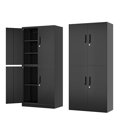 71” Metal Storage Cabinet-Lockable File Garage Tool Cabinets with Doors and Shelves-Tall Black Steel Cabinet for Garage-Heavy Duty File Storage for Office, Gym, School
