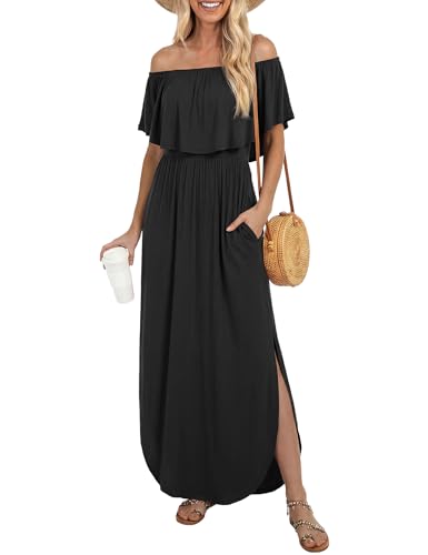 Image of LILBETTER Womens Off The Shoulder Ruffle Party Dresses Side Split Beach Maxi Dress