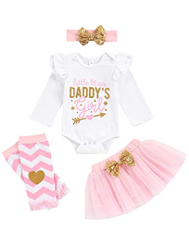 Yoveme Newborn Baby Girl Clothes Daddys Girl Long Sleeve Bodysuit Romper + Tutu Skirts + Legwarmers with Headband Outfits Set Newborn