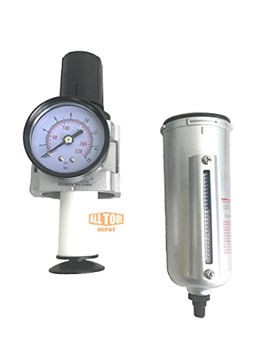 1/2" Npt Heavy Duty Compressed Air In Line Filter Regulator Combo Piggyback, Metal Bowl, 5 Micron Element, Adjustable From 7 To 175 Psi (Auto Drain) #TOP5
