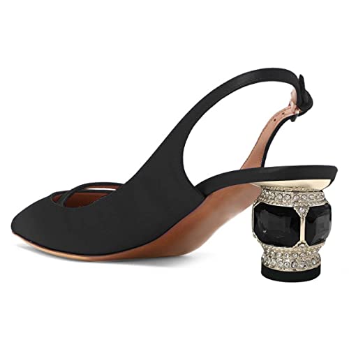 Xyd Women Pointed Toe Mid Kitten Heel Slingback Sandal Pumps Slip On Patent Satin Dress Shoes Size 7 Black Satin-Crystal Heel #TOP2